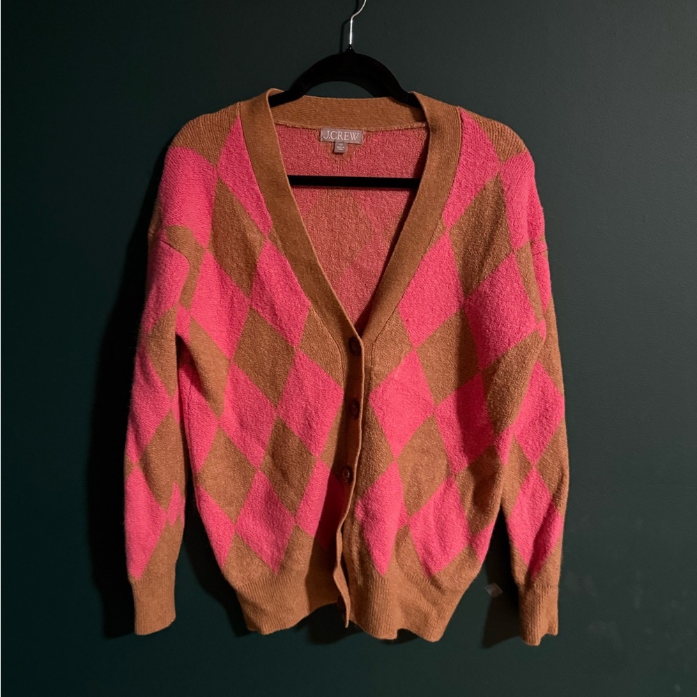 J. Crew Vibrant Pink and Tan Argyle Cardigan